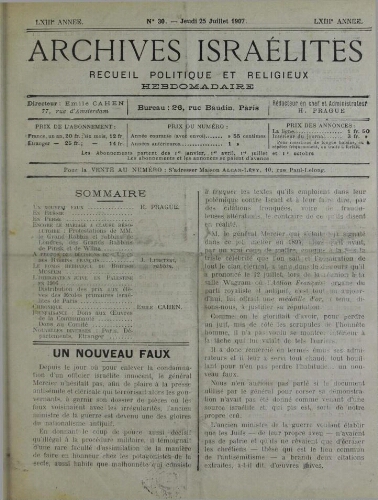 Archives israélites de France. Vol.68 N°30 (25 juil. 1907)